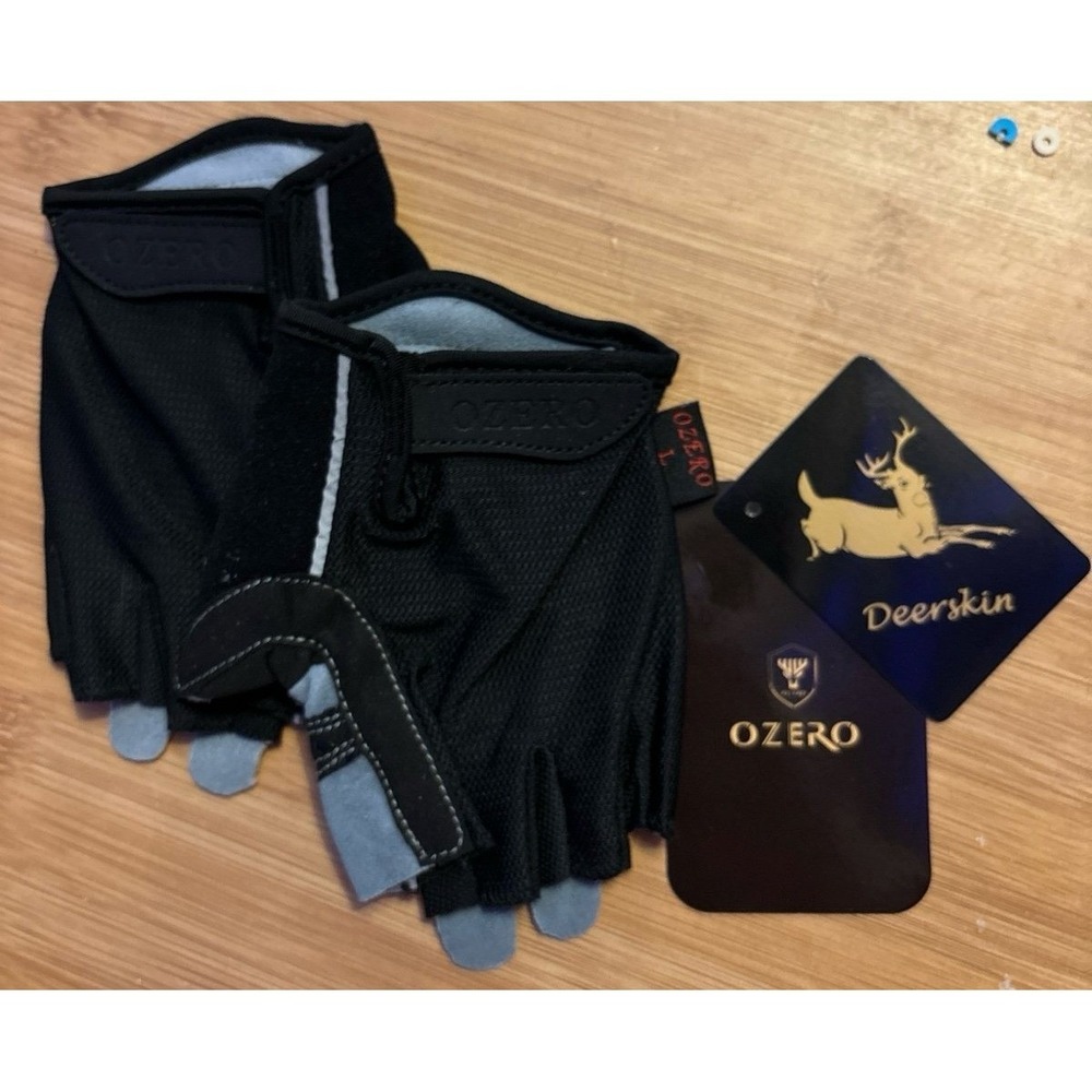 NEW Ozero Deerskin Suede Black & Blue Fingerless Cycling Gloves, Large
